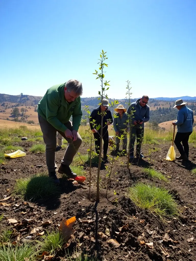 A photograph showcasing volunteers planting native trees in a deforested area, illustrating habitat restoration efforts by SOCIETE COMMUNALE DES CHASSEURS DE SAINT-MEXANT.