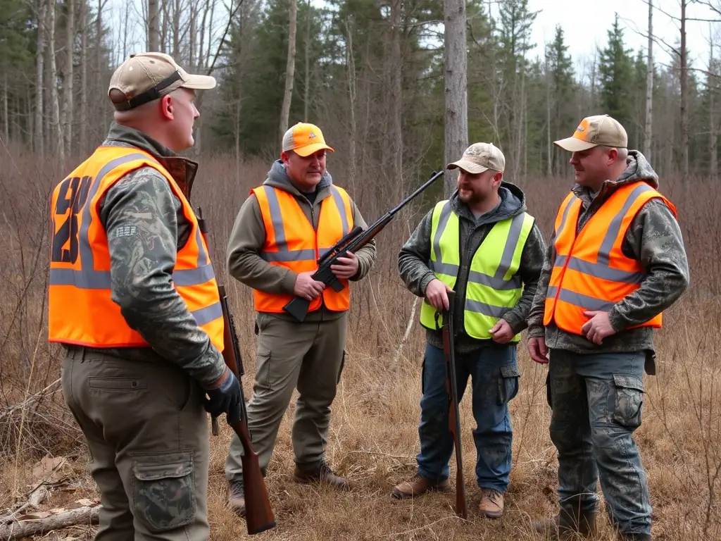 A group of hunters participating in a controlled hunting event in a natural setting, emphasizing safety and regulation. The image illustrates the organization's approach to managing wildlife populations through regulated hunting activities.