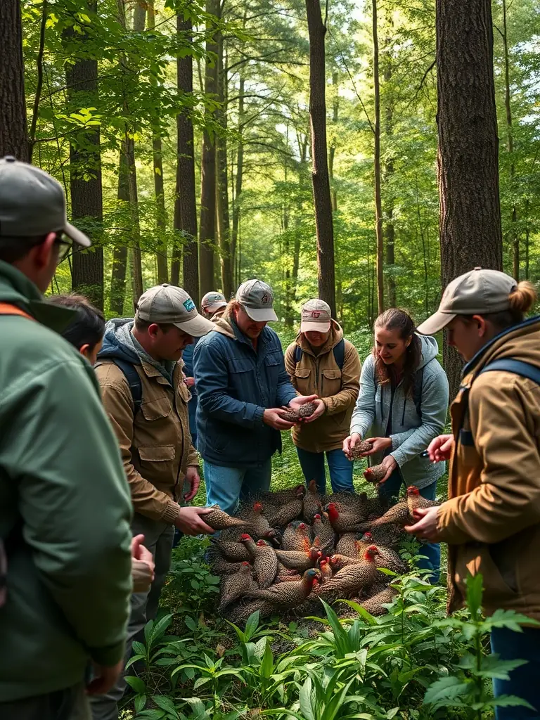 A group of volunteers releasing young pheasants into a managed woodland area, illustrating the restocking program aimed at boosting local game populations.