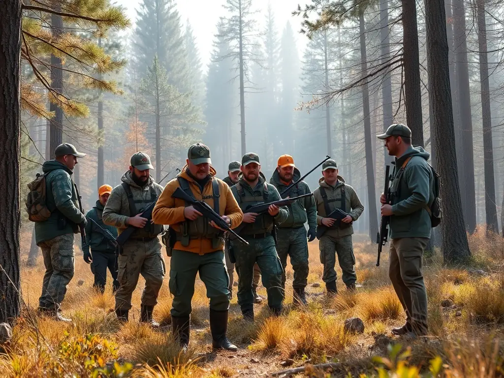 Hunters participating in a controlled hunting event in a natural setting, emphasizing safety and regulation.