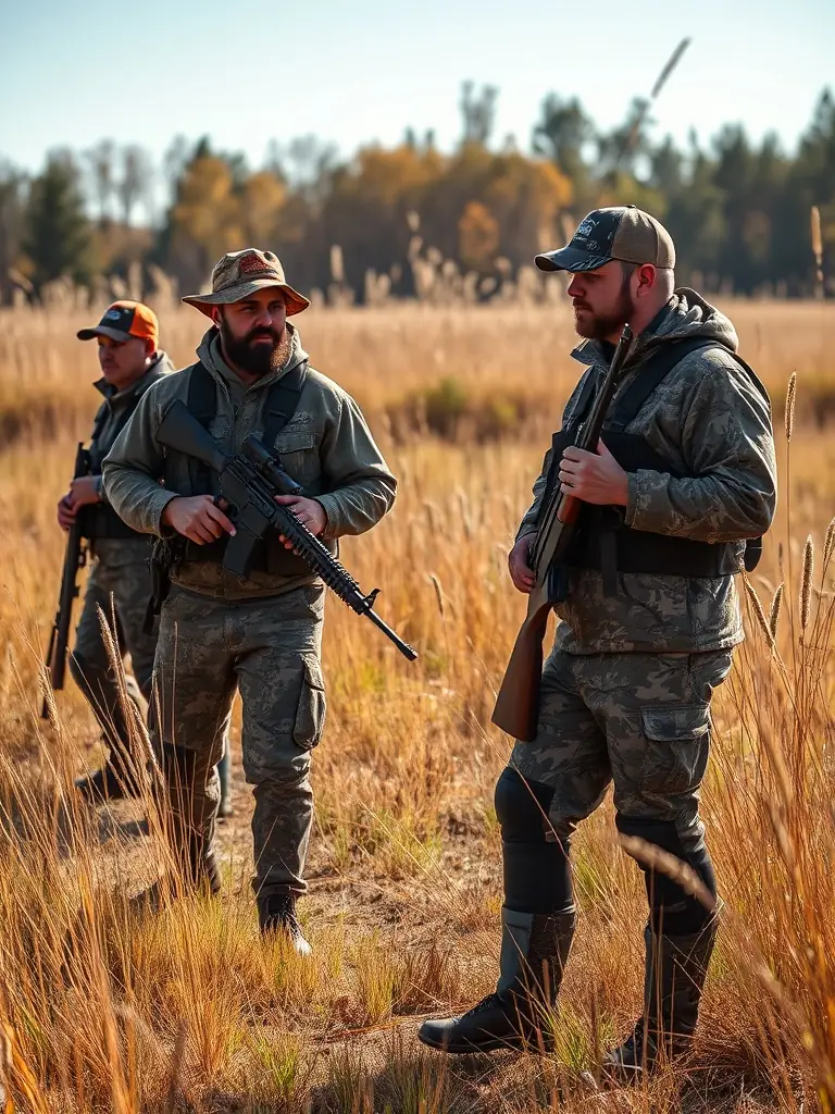 A photograph of hunters participating in a regulated hunting event, emphasizing responsible hunting practices promoted by SOCIETE COMMUNALE DES CHASSEURS DE SAINT-MEXANT.