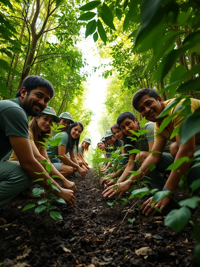 A photograph of a group of volunteers planting trees in a forest, illustrating habitat restoration efforts by SOCIETE COMMUNALE DES CHASSEURS DE SAINT-MEXANT.
