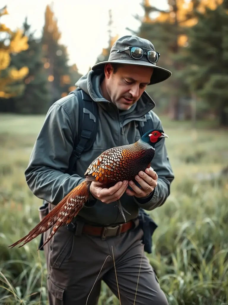 A photograph of a wildlife biologist releasing a pheasant into a managed hunting area, showcasing the restocking program of SOCIETE COMMUNALE DES CHASSEURS DE SAINT-MEXANT.