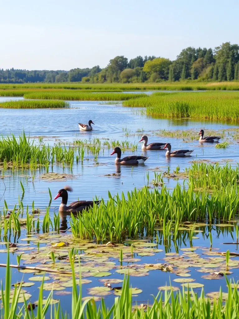 A serene landscape featuring a restored wetland area, showcasing diverse plant life and waterfowl, symbolizing habitat protection efforts by SOCIETE COMMUNALE DES CHASSEURS DE SAINT-MEXANT.