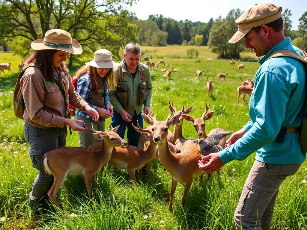 A team of conservationists releasing young wildlife into a protected natural area, illustrating active breeding and restocking efforts.