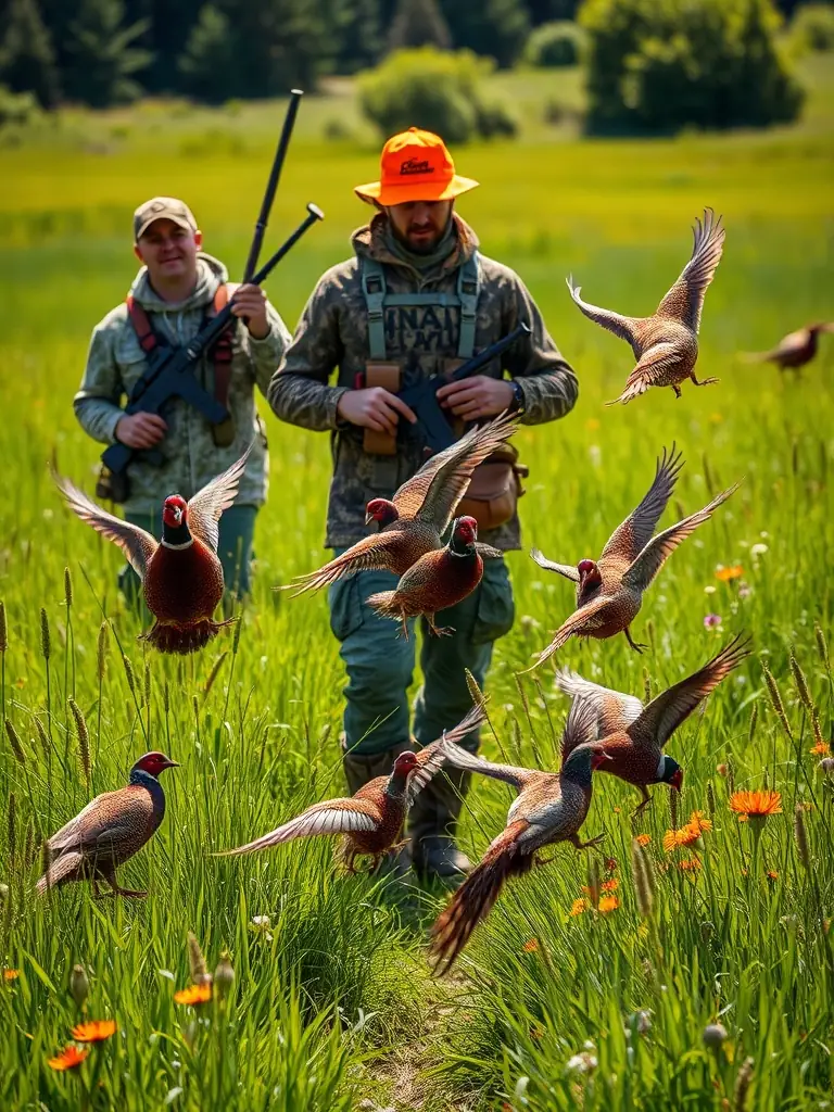 A photograph of a group of hunters releasing pheasants into a field, demonstrating the restocking program managed by SOCIETE COMMUNALE DES CHASSEURS DE SAINT-MEXANT.
